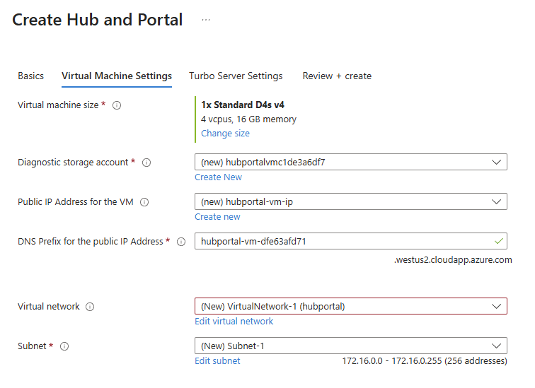 Hub and Portal Virtual Machine Settings Tab