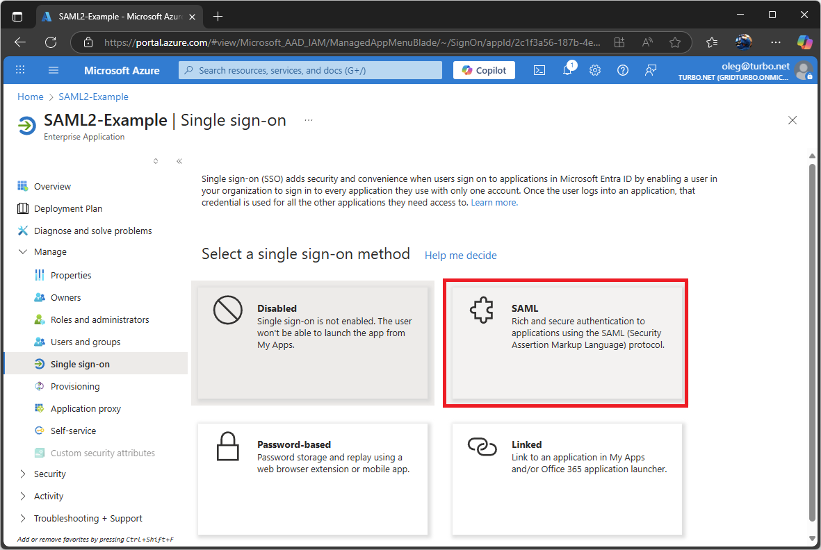 AzureAD SSO + SAML 2.0 select authentication method